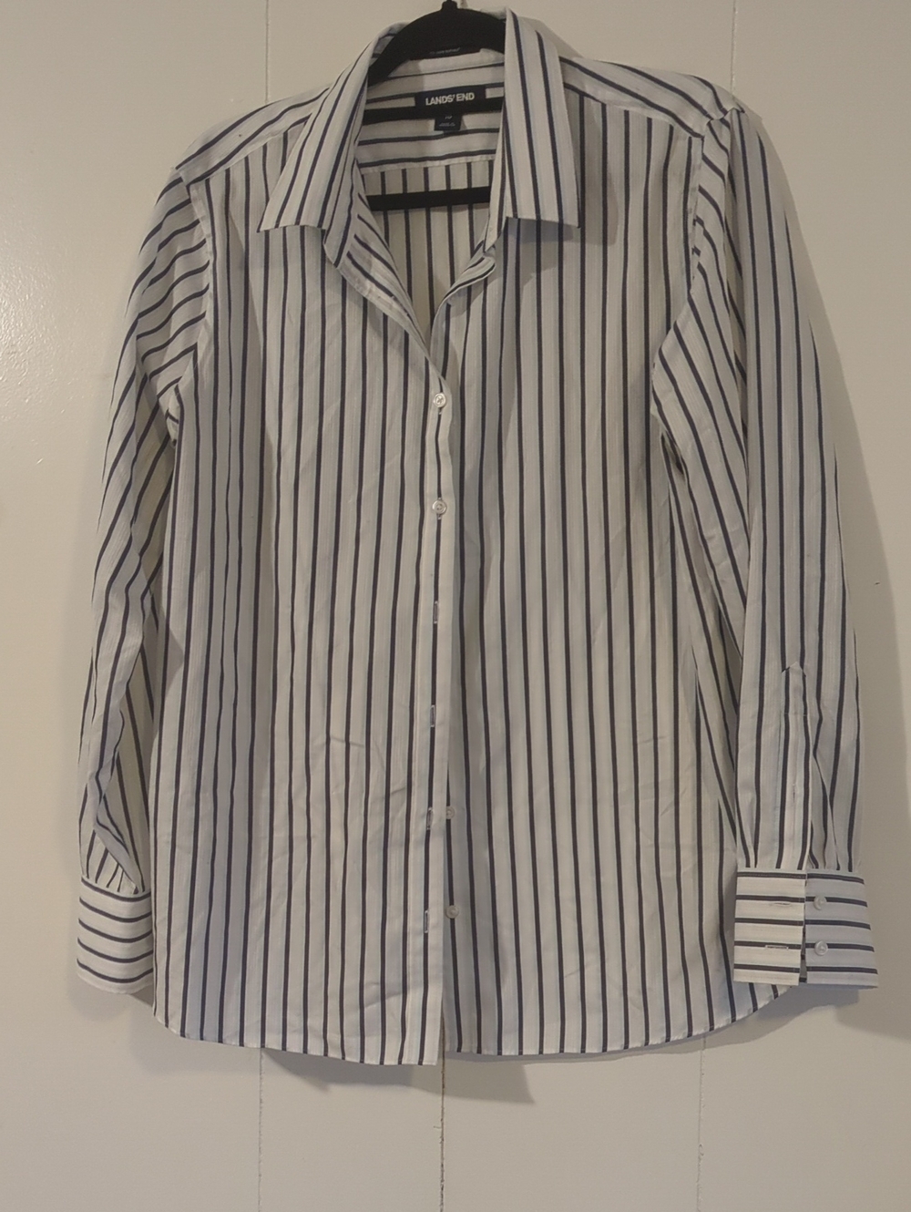 Lands' End Womencs Button Down White Shirt with Navy Vertical Stripes